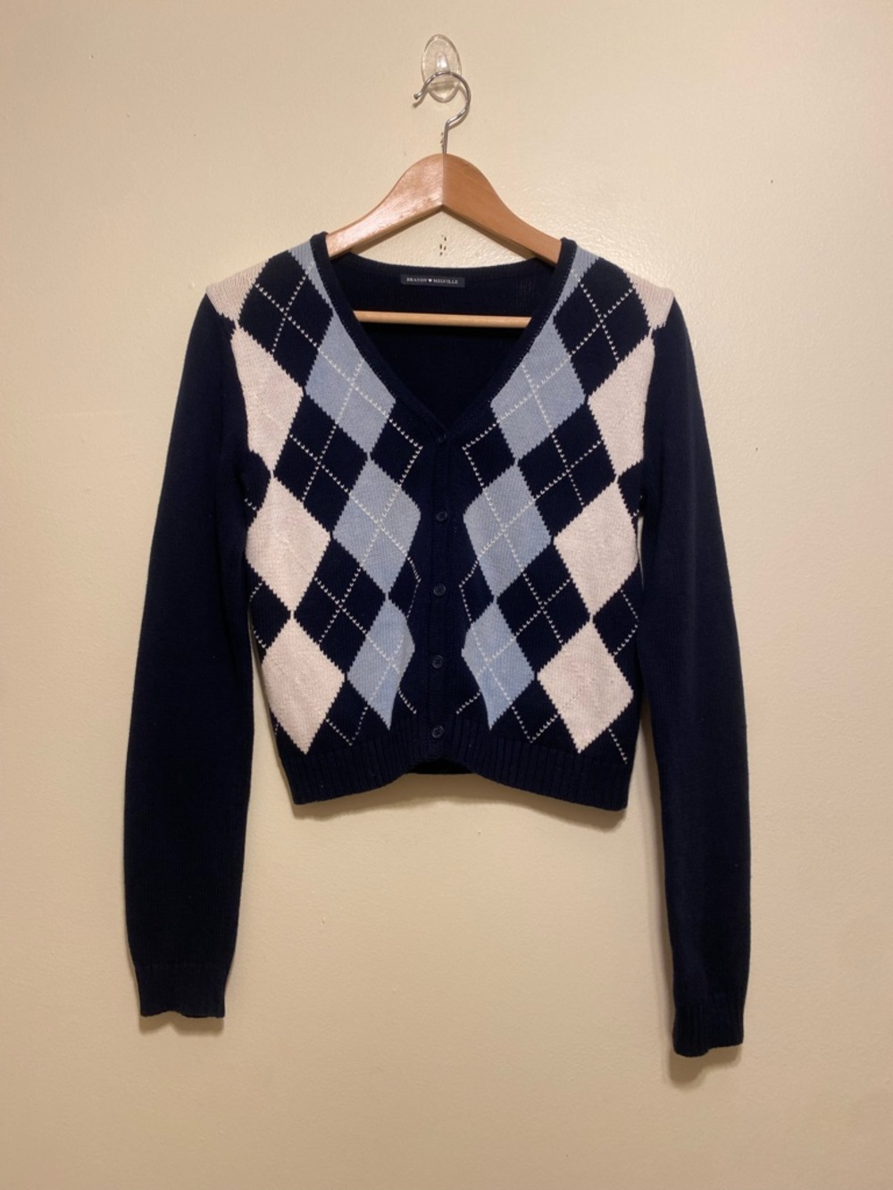 Brandy Melville Navy/Light Blue/Cream Argyle V-Neck cotton Cardigan. One size